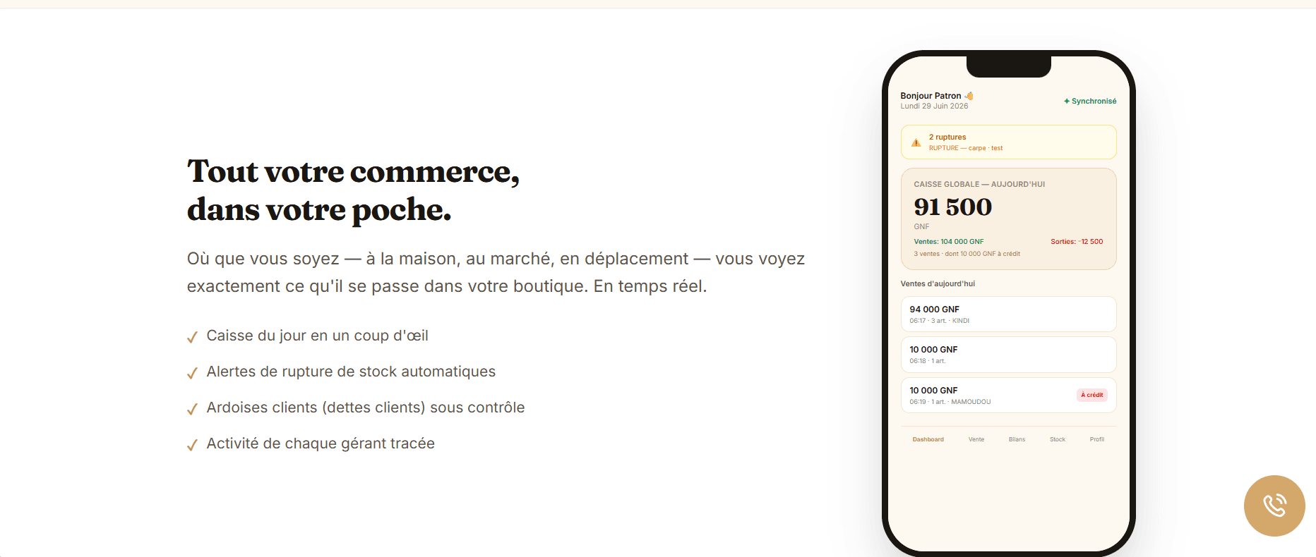 Section « Tout votre commerce, dans votre poche » du site StockZen