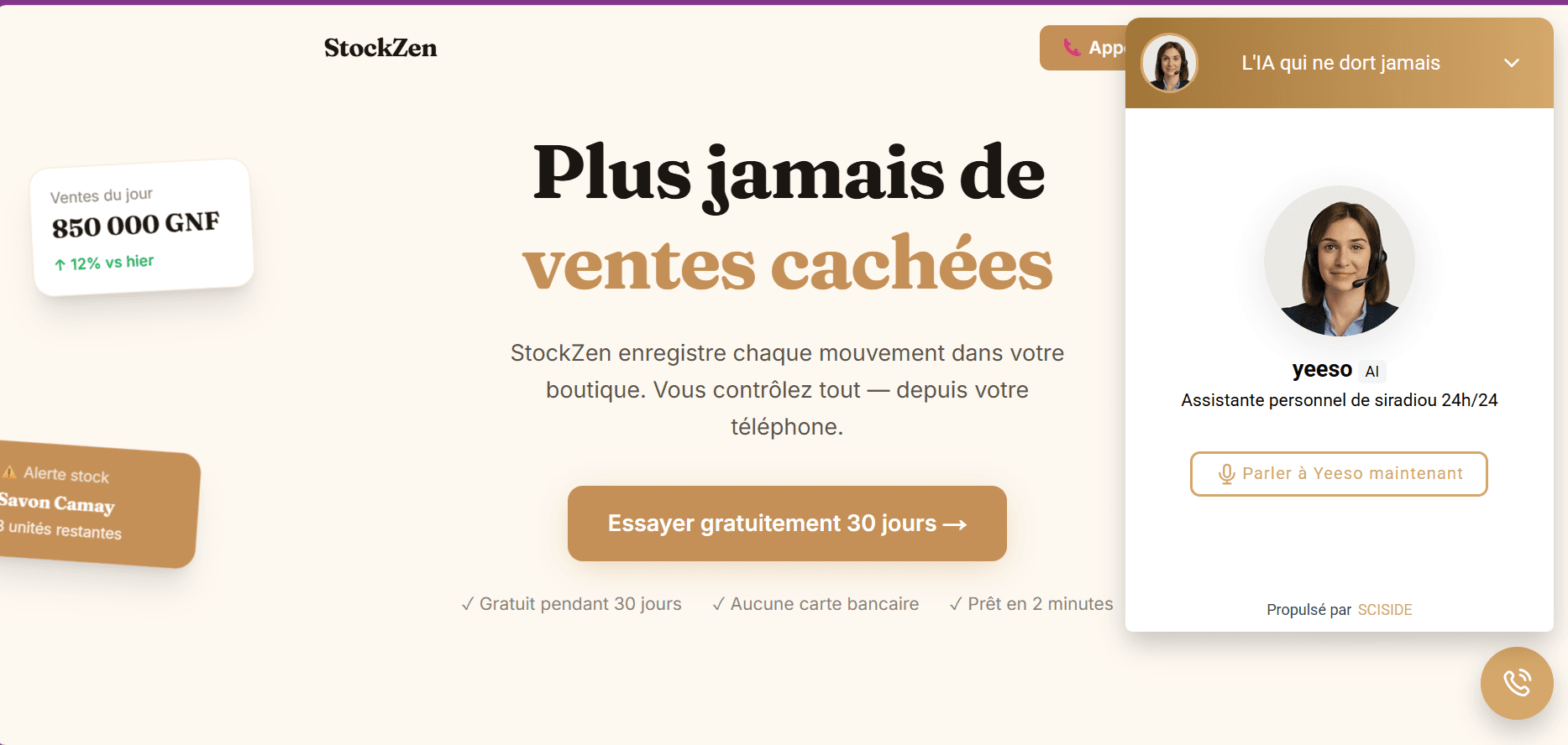 Site StockZen avec l’assistante vocale Yeeso ouverte